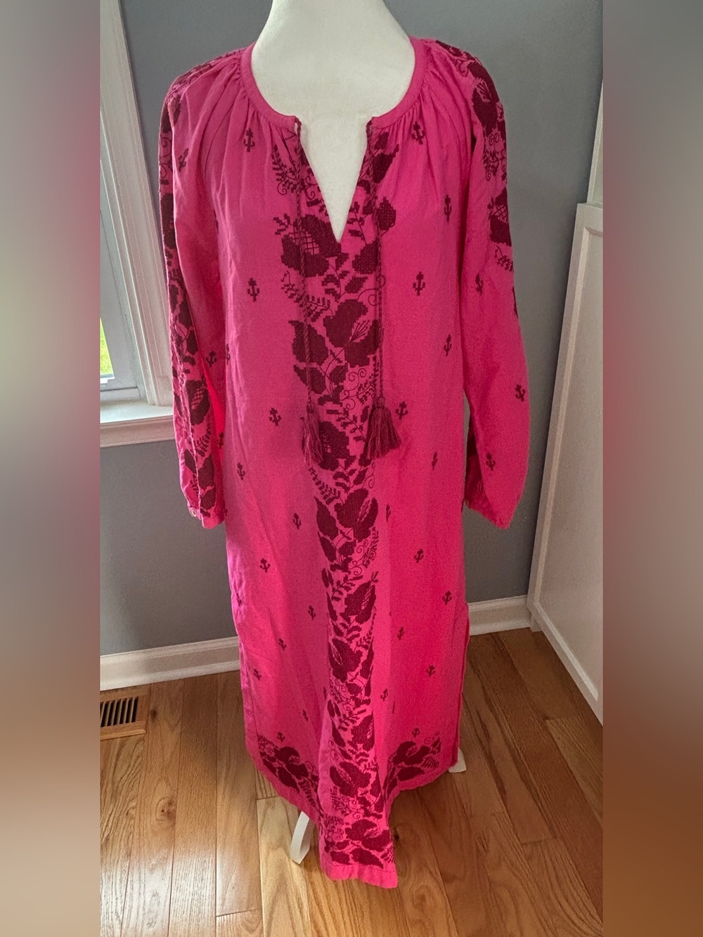 Roberta Roller Rabbit Pink Embroidered Tassel Kurta Maxi Caftan Dress Small